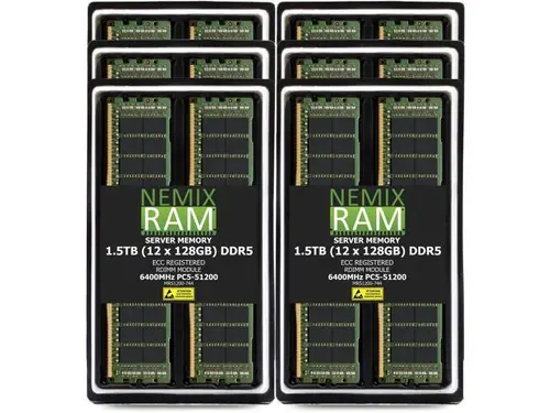 NEMIX RAM 1.5TB (12X128GB) DDR5 6400MHz PC5-51200 4Rx4 1.1V CL52 288-PIN ECC RDIMM Registered Server Memory Kit Compatible with Dell PowerEdge...