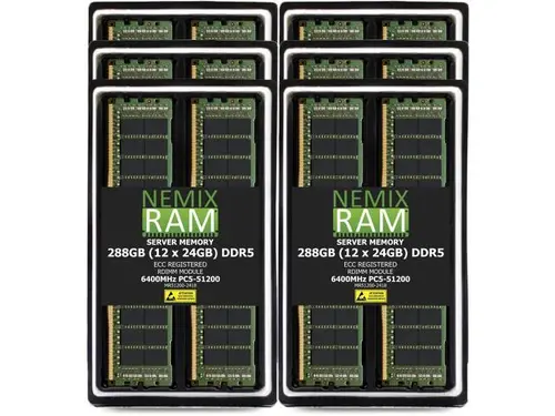 NEMIX RAM 288GB (12 x 24GB) DDR5 6400MHz PC5-51200 2Rx8 1.1V 288-PIN ECC RDIMM Registered Server Memory Kit