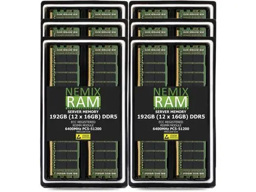 NEMIX RAM 192GB (12 x 16GB) DDR5 6400MHz PC5-51200 1Rx8 1.1V 288-PIN ECC RDIMM Registered Server Memory Kit