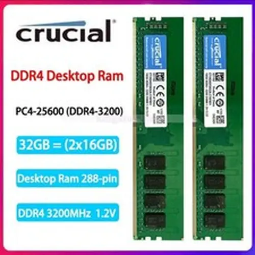 Crucial Crucial 32GB=2x16GB DDR4 3200 MHz PC4-25600 DIMM Desktop Non-ECC Memory 288-pin