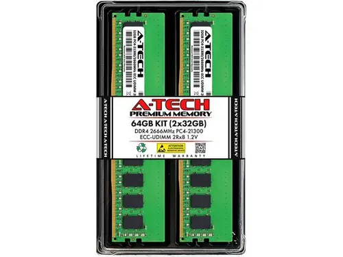 A-Tech 64GB (2x32GB) 2Rx8 PC4-21300 / PC4-21300E DDR4 2666 MHz ECC UDIMM 1.2V ECC Unbuffered DIMM 288-Pin Dual Rank x8 Server & Workstation RAM...