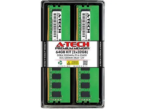 A-Tech 64GB (2x32GB) 2Rx8 PC4-25600 / PC4-25600E DDR4 3200 MHz ECC UDIMM 1.2V ECC Unbuffered DIMM 288-Pin Dual Rank x8 Server & Workstation RAM...