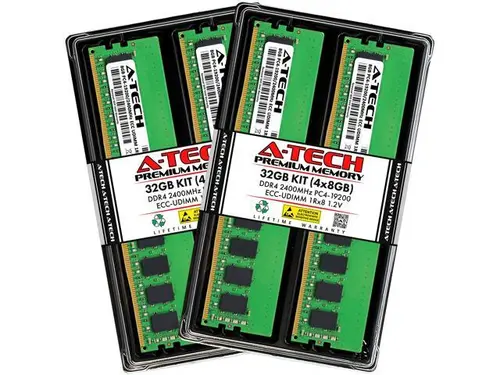A-Tech 32GB (4x8GB) 1Rx8 PC4-19200 / PC4-19200E DDR4 2400 MHz ECC UDIMM 1.2V ECC Unbuffered DIMM 288-Pin Single Rank x8 Server & Workstation RAM...