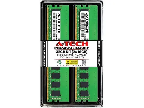 A-Tech 32GB (2x16GB) 2Rx8 PC4-25600 / PC4-25600E DDR4 3200 MHz ECC UDIMM 1.2V ECC Unbuffered DIMM 288-Pin Dual Rank x8 Server & Workstation RAM...