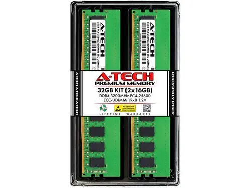 A-Tech 32GB (2x16GB) 1Rx8 PC4-25600 / PC4-25600E DDR4 3200 MHz ECC UDIMM 1.2V ECC Unbuffered DIMM 288-Pin Single Rank x8 Server & Workstation RAM...