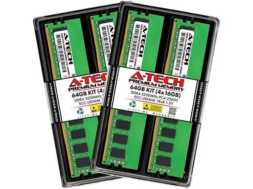 A-Tech 64GB (4x16GB) 1Rx8 PC4-25600 / PC4-25600E DDR4 3200 MHz ECC UDIMM 1.2V ECC Unbuffered DIMM 288-Pin Single Rank x8 Server & Workstation RAM...