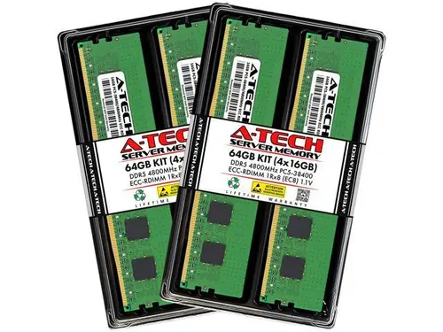 A-Tech 64GB (4x16GB) 1Rx8 PC5-38400R DDR5 4800 MHz EC8 RDIMM ECC Registered DIMM 288-Pin Single Rank x8 Server & Workstation RAM Memory Upgrade Kit
