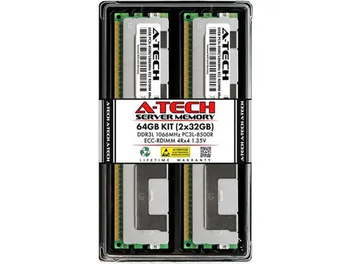 A-Tech 64GB (2x32GB) 4Rx4 PC3L-8500R DDR3 / DDR3L 1066 MHz ECC RDIMM 1.35V Registered DIMM 240-Pin Quad Rank x4 Low Voltage Server & Workstation...