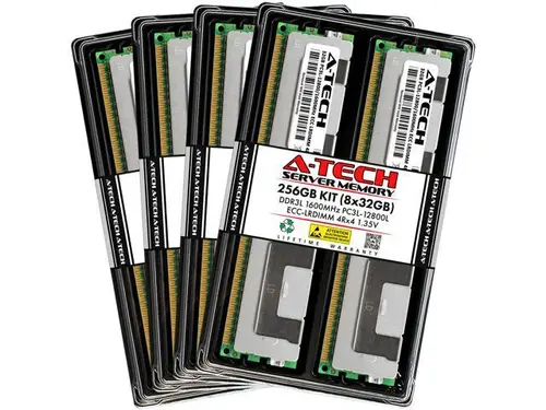 A-Tech 256GB (8x32GB) 4Rx4 PC3L-12800L DDR3 / DDR3L 1600 MHz ECC LRDIMM 1.35V Load Reduced DIMM 240-Pin Quad Rank x4 Low Voltage Server RAM Memory...