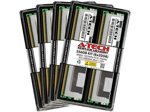 A-Tech 256GB (8x32GB) 4Rx4 PC3L-10600L DDR3 / DDR3L 1333 MHz ECC LRDIMM 1.35V Load Reduced DIMM 240-Pin Quad Rank x4 Low Voltage Server RAM Memory...
