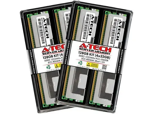 A-Tech 128GB (4x32GB) 4Rx4 PC3-10600R DDR3 1333 MHz ECC RDIMM 1.5V Registered DIMM 240-Pin Quad Rank x4 Server & Workstation RAM Memory Upgrade Kit