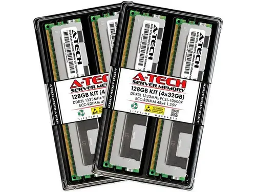 A-Tech 128GB (4x32GB) 4Rx4 PC3L-10600R DDR3 / DDR3L 1333 MHz ECC RDIMM 1.35V Registered DIMM 240-Pin Quad Rank x4 Low Voltage Server & Workstation...