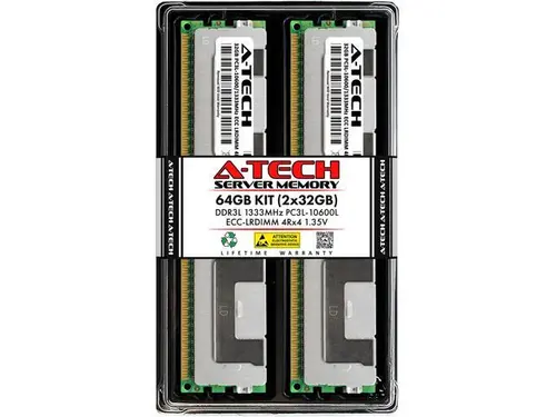 A-Tech 64GB (2x32GB) 4Rx4 PC3L-10600L DDR3 / DDR3L 1333 MHz ECC LRDIMM 1.35V Load Reduced DIMM 240-Pin Quad Rank x4 Low Voltage Server RAM Memory...
