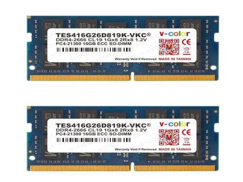 V-COLOR 32GB (2 x 16GB) ECC SO-DIMM DDR4 2666MHz (PC4-21300) for NAS Micro Server/Workstations 2Rx8 CL19 1.2V (TES416G26D819K-VKC)