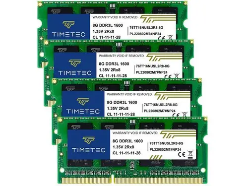 Timetec 32GB KIT(4x8GB) DDR3L / DDR3 1600MHz (DDR3L-1600) PC3L-12800 / PC3-12800 Non-ECC Unbuffered 1.35V/1.5V CL11 2Rx8 Dual Rank 204 Pin SODIMM...
