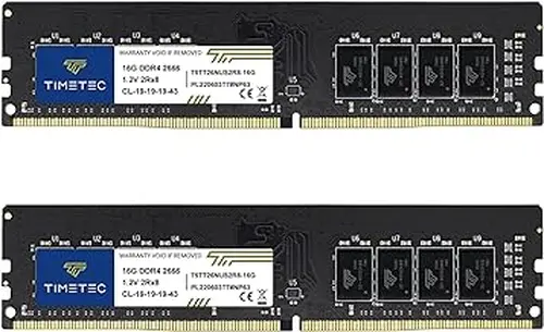 Timetec 32GB KIT (2x16GB) DDR4 2666MHz (PC4-2666V) PC4-21300 UDIMM Desktop RAM – 288-Pin 1.2V CL19 Non-ECC Unbuffered DIMM Memory Module Upgrade