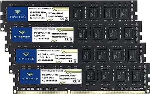 Timetec 32GB KIT(4x8GB) DDR3L / DDR3 1600MHz (DDR3L-1600) PC3L-12800 / PC3-12800 Non-ECC Unbuffered 1.35V/1.5V CL11 2Rx8 Dual Rank 240 Pin UDIMM Desktop PC Computer Memory RAM(SDRAM) Module Upgrade