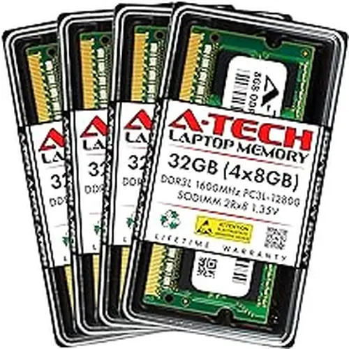 A-Tech 32GB (4x8GB) DDR3L 1600 MHz SODIMM PC3L-12800 (PC3-12800) CL11 DDR3 2Rx8 1.35V Laptop RAM Memory Modules