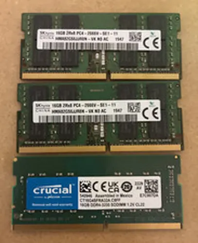 2x SK Hynix 16GB DDR4 2666MHz and 1x Crucial 3200 SODIMM laptop rams. 48GB total