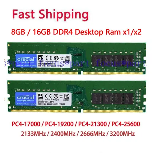 Crucial 8GB 16GB 32GB DDR4 2133 2400 2666 3200 MHz DIMM 288-Pin Memory Desktop