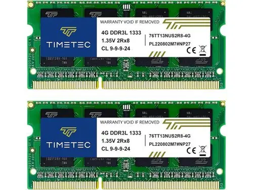 Timetec 8GB KIT(2x4GB) DDR3 / DDR3L 1333MHz PC3-10600 Non-ECC Unbuffered 1.5V / 1.35V CL9 2Rx8 Dual Rank Low Density 204 Pin SODIMM Laptop Notebook...