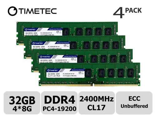 Timetec Hynix IC 32GB KIT (4x8GB) DDR4 2400MHz PC4-19200 Unbuffered ECC 1.2V CL17 1Rx8 Single Rank 288 Pin UDIMM Server Memory RAM Module Upgrade...