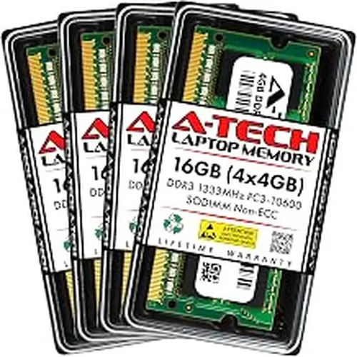 A-Tech RAM 16GB Kit (4x4GB) DDR3 1333 MHz PC3-10600 SODIMM - Laptop & All-in-One Computer Memory - CL9 204-Pin SO-DIMM Non-ECC Unbuffered Upgrade Modules