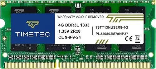 Timetec 4GB DDR3 / DDR3L 1333MHz PC3-10600 Non-ECC Unbuffered 1.5V / 1.35V CL9 2Rx8 Dual Rank Low Density 204 Pin SODIMM Laptop Notebook PC Computer Memory RAM Module Upgrade (4GB)