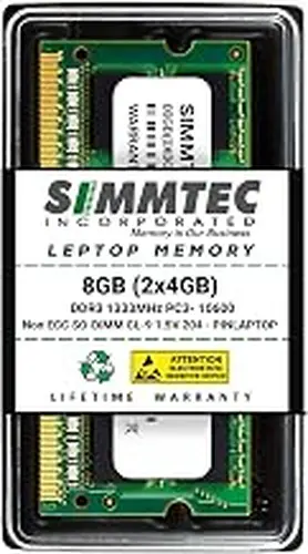 Simmtec RAM 8GB (2x4GB) DDR3 1333MHz SODIMM PC3-10600 204-Pin CL9 Non-ECC Unbuffered Notebook Laptop RAM Memory Upgrade Kit