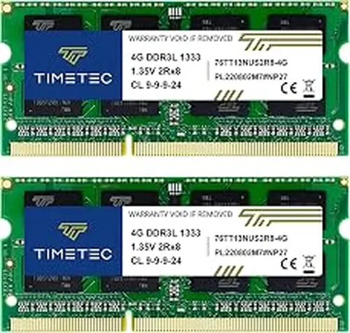 Timetec 8GB KIT(2x4GB) DDR3 / DDR3L 1333MHz PC3-10600 Non-ECC Unbuffered 1.5V / 1.35V CL9 2Rx8 Dual Rank Low Density 204 Pin SODIMM Laptop Notebook PC Computer Memory RAM Module Upgrade