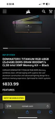 CORSAIR DOMINATOR TITANIUM RGB 48GB (2x24GB) DDR5 RAM 8000MT/s CL38 Intel Memory
