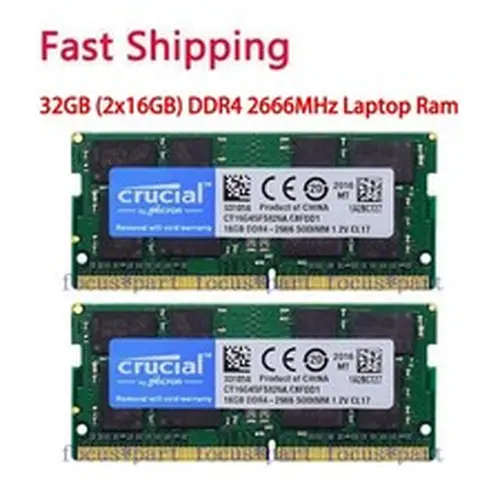 Crucial 32GB=2x16GB Ram DDR4 2666 MHz PC4-21300 SO-DIMM Laptop Memory 260-Pin