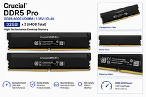 Crucial DDR5 Pro 64GB Kit (2x32GB) DDR5-6000 CL40 UDIMM Desktop RAM Never