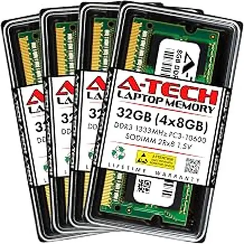 A-Tech RAM 32GB Kit (4x8GB) DDR3 1333 MHz PC3-10600 SODIMM - Laptop & All-in-One Computer Memory - CL9 2Rx8 1.5V 204-Pin SO-DIMM Non-ECC Unbuffered Upgrade Modules
