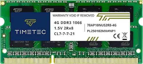 Timetec 4GB DDR3 1066MHz PC3-8500 Non-ECC Unbuffered 1.5V CL7 2Rx8 Dual Rank 204 Pin SODIMM Laptop Notebook PC Computer Memory RAM Module Upgrade (4GB)
