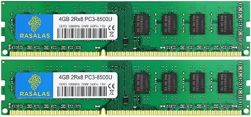 Rasalas 8GB DDR3 Kit (2x4GB) PC3-8500 DDR3 1066 Mhz 8GB Udimm DDR3 Ram 2Rx8 1.5V CL7 Desktop Comuter Ram Memory Modules Upgrade