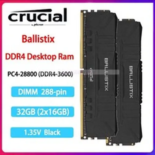 Crucial Ballistix 32GB 2x16GB PC4-28800 DDR4-3600 MHz Memory 288-pin 1.35V Black