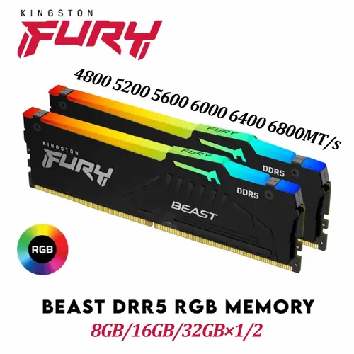 Kingston Beast DDR5 RGB 8/16/32GB 4800 5200 5600 6000MT/s Desktop Memory RAM Lot 64GB