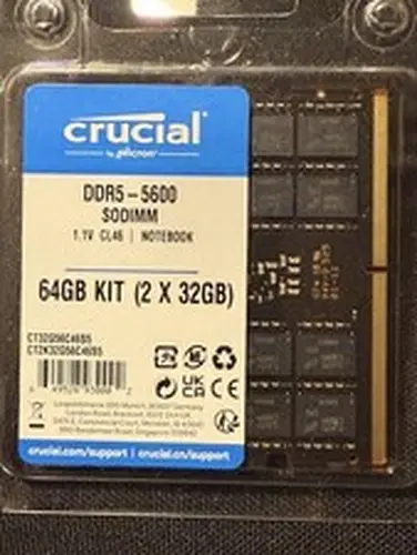 Crucial 64GB (2x32GB)DDR5 RAM 5600MHz (or 5200MHz or 4800MHz) Laptop Memory Kit
