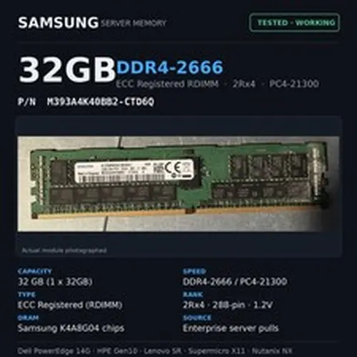 Samsung 32GB 2666MHz PC4-21300 ECC REG 1.2V RDIMM 2RX4 DDR4 Server Memory Ram...