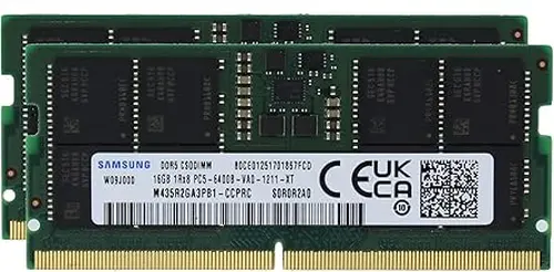 Samsung Samsung 32GB (2x16GB) DDR5 6400MHz PC5-51200 CSODIMM Clocked SODIMM 1Rx8 Single Rank CL52 1.1V 262-Pin Non ECC Unbuffered Laptop Notebook RAM Memory M435R2GA3PB1-CCP