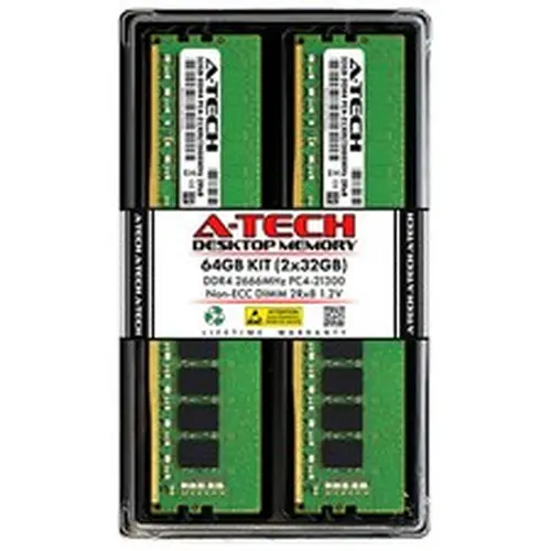 A-Tech 64GB 2x 32GB PC4-21300 Desktop DDR4 2666 Non-ECC DIMM 288-Pin Memory RAM