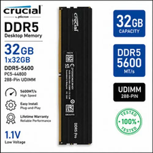 Crucial Pro 32GB DDR5 Desktop Memory 5600MT/s UDIMM 288-Pin CL46