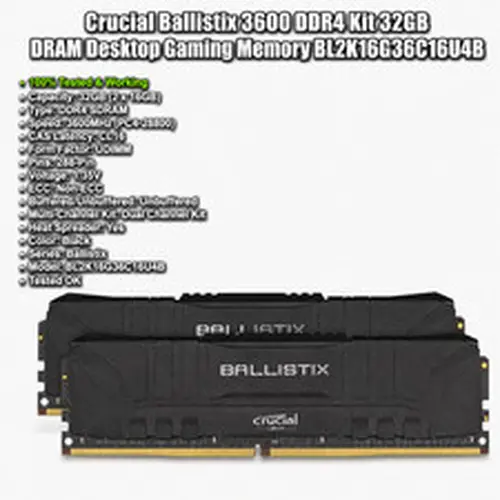 Crucial Ballistix 3600 DDR4 Kit 32GB DRAM Desktop Gaming Memory BL2K16G36C16U4B