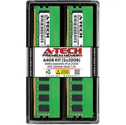 A-Tech 64GB 2x 32GB 2Rx8 PC4-21300 DDR4 2666 MHz ECC UNB UDIMM Server Memory RAM