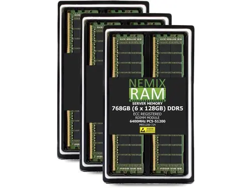 768GB 6X128GB DDR5 6400MHz PC5-51200 2Rx4 1.1V CL52 288-PIN ECC Registered RDIMM NEMIX RAM Server Memory KIT Compatible with Supermicro H13DSG-OM...