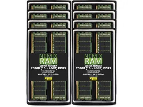 768GB 16X48GB DDR5 6400MHz PC5-51200 2Rx8 1.1V CL52 288-PIN ECC Registered RDIMM NEMIX RAM Server Memory KIT Compatible with Supermicro H13DSG-OM...