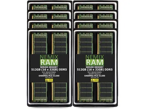 512GB 16X32GB DDR5 6400MHz PC5-51200 2Rx8 1.1V CL52 288-PIN ECC Registered RDIMM NEMIX RAM Server Memory KIT Compatible with Supermicro H13DSG-OM...