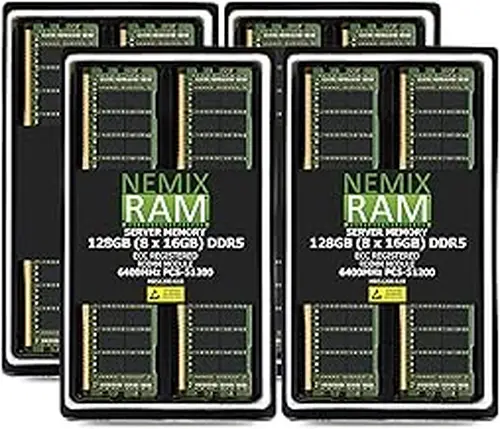NEMIX RAM 128GB (8X16GB) DDR5 6400MHz PC5-51200 CL52 1Rx8 1.1V 288-PIN ECC Registered RDIMM NEMIX RAM Server Memory KIT