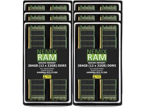 384GB 12X32GB DDR5 6400MHz PC5-51200 2Rx8 1.1V CL52 288-PIN ECC Registered RDIMM NEMIX RAM Server Memory KIT Compatible with Supermicro H14DSG-OD...